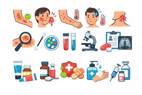 Infected Eczema Symptoms, Diagnosis, and Treatment Vector Icon Set. Flat Illustration of Skin Rash, Fever, Microscope, Medicine, Ointment, and Healthcare Symbols for Dermatology and Medical Design.