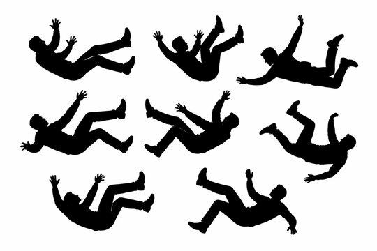 Set of Silhouettes of Men Falling in Various Poses, People in Free Fall Vector Illustration, Collection of Male Figures Tumbling Down or Jumping, Simple Flat Vector Design for Business Concepts