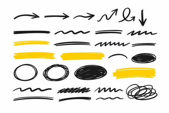 Hand Drawn Marker Pen Elements Set with Arrows, Underlines, Yellow Highlights, Scribbles, Circles, and Ovals. Sketchy Brush Strokes and Decorative Graphic Design Elements for Presentations.