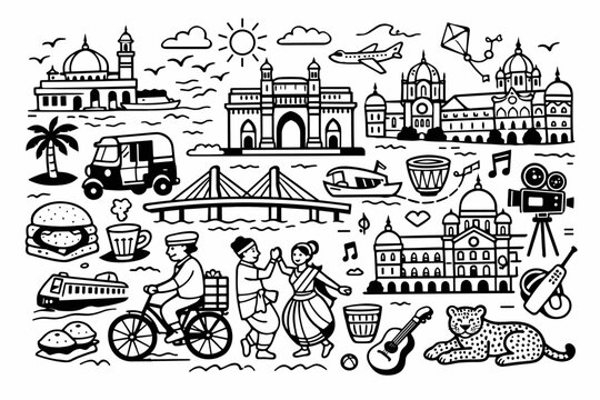 Mumbai City Doodle Art Illustration Featuring Iconic Landmarks like Gateway of India, Taj Mahal Palace, Bandra-Worli Sea Link, Bollywood Camera, Dabbawala, and Local Culture in Black and White.