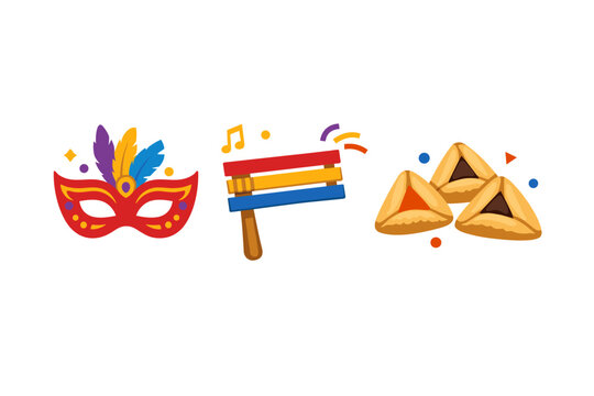Purim Jewish Holiday Traditional Symbols Set Featuring a Colorful Carnival Mask with Feathers, a Wooden Gragger Noisemaker, and Delicious Hamantaschen Cookies for Festive Celebration and Decor
