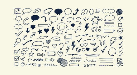 Large Collection of Hand Drawn Doodle Elements Arrows Speech Bubbles Hearts Stars and Checkmarks © Tajul
