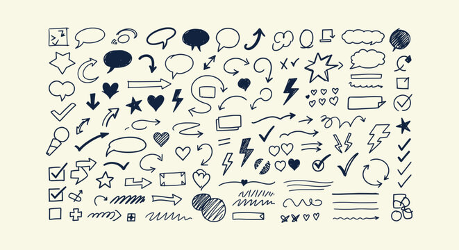 Large Collection of Hand Drawn Doodle Elements Arrows Speech Bubbles Hearts Stars and Checkmarks