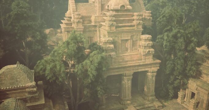 Ancient temple ruins stand majestically amidst dense green foliage, showcasing intricate stone carvings and architectural details. Sunlight filters through the trees, creating a mystical ambiance.