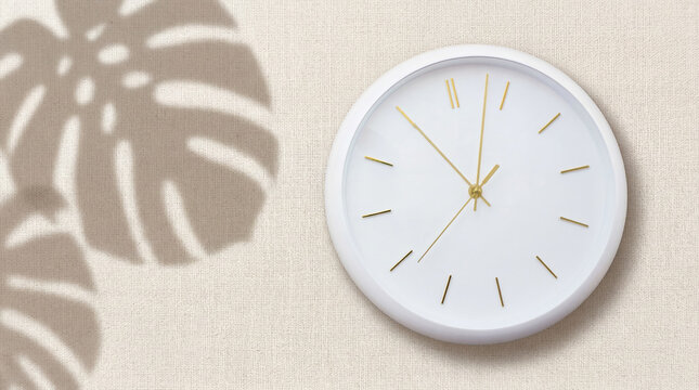 Minimalist wall clock with golden hands and tropical leaf shadows on textured beige background