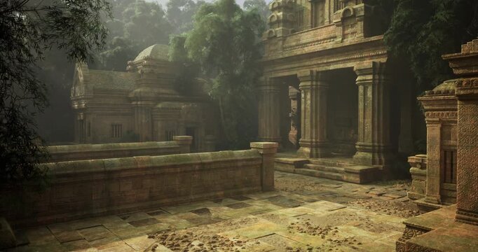Sunlight filters through the thick canopy, illuminating ancient temple ruins nestled in lush greenery. The structure shows signs of age, with carvings partially hidden by moss.