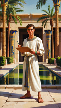 Young Ancient Egyptian Scribe Writing on Papyrus in Temple Courtyard with Palm Trees, Hieroglyph Columns and Reflecting Pool