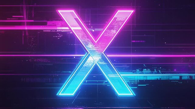 Bright neon X shape with glitch light streaks on vibrant cyberpunk technology wallpaper background