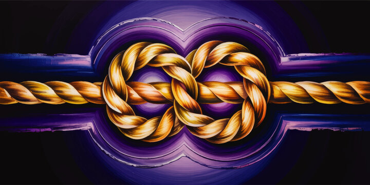 Golden braided rope infinity knot abstract painting with purple heart shaped background, symbol of unity, love, strength
