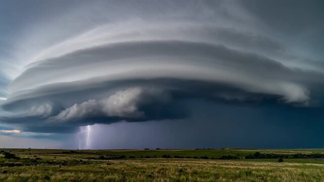Massive rotating supercell thunderstorm with layered cloud structure forming dramatic severe weather scene