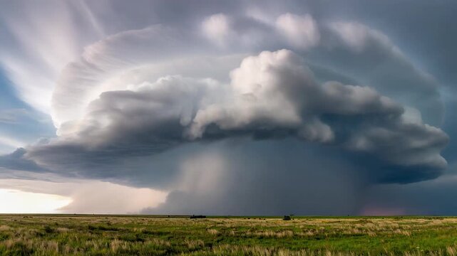 Giant rotating supercell thunderstorm with lightning striking beneath layered storm cloud formation