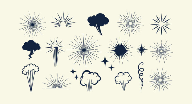 Vintage sunburst starburst and comic speech cloud collection vector illustration design elements.