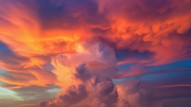 Dramatic colorful sunset clouds filling sky with glowing orange and purple atmosphere above horizon