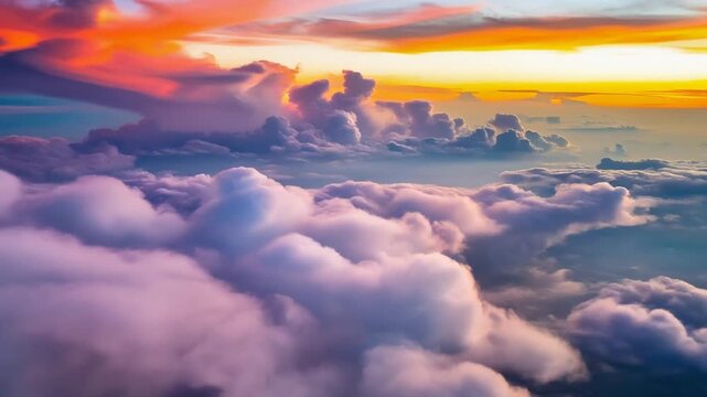 Panoramic sunrise above sea of clouds glowing with warm golden light over mountain horizon