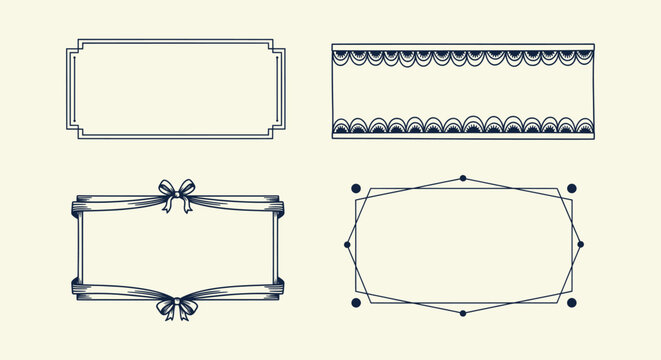 Collection of Four Decorative Hand Drawn Vintage Frames with Ribbon Bow and Geometric Line Borders