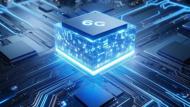 Futuristic glowing 6G microchip processor transmitting high speed digital network connections