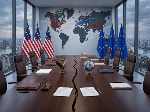 Illustration g&eacute;opolitique moderne repr&eacute;sentant les relations strat&eacute;giques entre les &Eacute;tats-Unis et l&rsquo;Union europ&eacute;enne