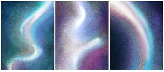 Set of interior posters with starry night and galaxies, dark and light wallpapers with cosmos,, outer space background combo with rays in sky, blue and pink flow art, set of minimalistic postcards © NIKACOLDBLUE