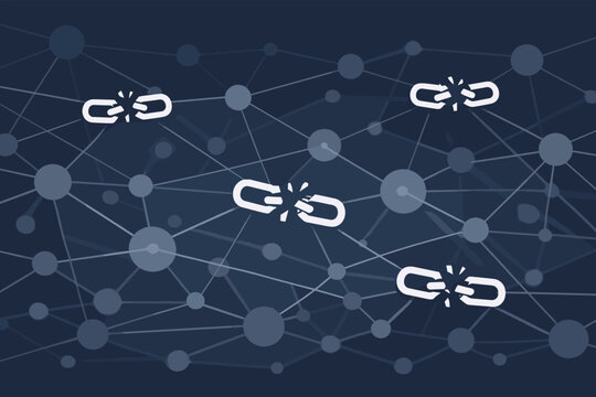 Abstract Digital Network with Broken Chain Icons Representing Dead Links, Connection Failure, and Disconnected Data Nodes on a Dark Blue Background for Cybersecurity and Technology Concepts.