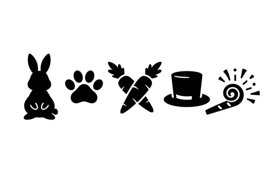 Set of black silhouette icons for Easter and celebration featuring a cute bunny rabbit, animal paw print, crossed carrots, magician top hat, and a party blower for festive holiday graphic designs.