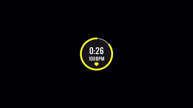 Countdown timer with beating heart icon and bpm indicator motion graphics on black background.