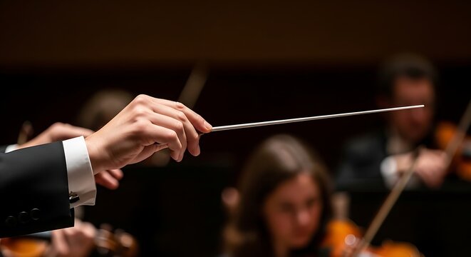&ldquo;Orchestra Conductor Holding Baton in Dramatic Concert Lighting&rdquo;
