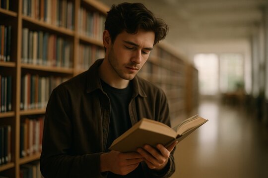 Focused young man reading a book in a quiet university library. Cinematic portrait of a student researcher surrounded by bookshelves. Concept of academic education, literature and self-improvement