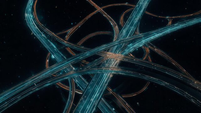 Abstract glowing light trails weaving through dark space background