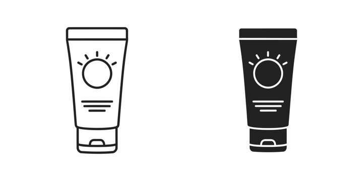 Comparison of two sunscreen tube designs with contrasting colors and sun icon labels