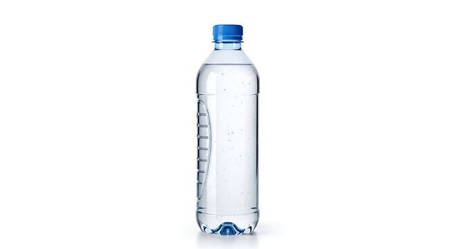 Clear plastic water bottle with blue cap.