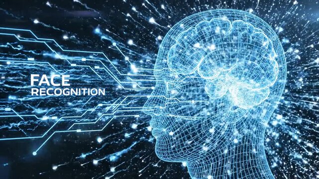 This content depicts a futuristic visualization of face recognition technology, featuring a digital human head with a wireframe model and a brain on a dark background with neon lights, illustrating