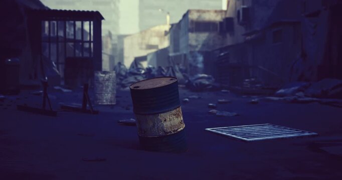 The image showcases a desolate urban street filled with trash and debris, highlighted by a rusty barrel standing alone under a dim light. Shadows add to the eerie atmosphere.
