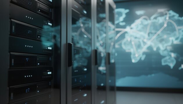 Closeup on secure server racks with blurred international transit maps behind conveying the global custodians role in safeguarding crossborder digital assets.