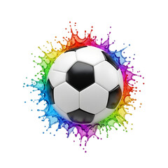 Naklejka premium Vibrant rainbow liquid splash surrounds leather soccer ball in centered composition.