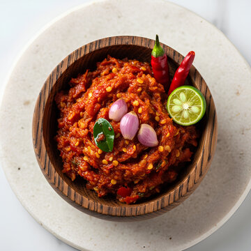 Closeup shot of a vibrant Indonesian chili paste in a wooden bowl.