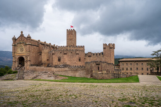 View of Castillo de Javier and the Basilica in Navarra, Spain