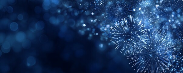 Fototapeta premium Festive blue fireworks exploding in the dark night sky with shimmering bokeh lights and sparkles, concept for New Year celebration, holiday greeting card and corporate event backdrop