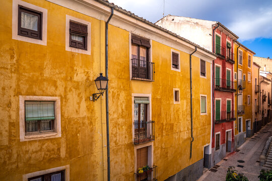 Colorful Facades in a Historic Alley of Cuenca, Castile-La Mancha, Spain