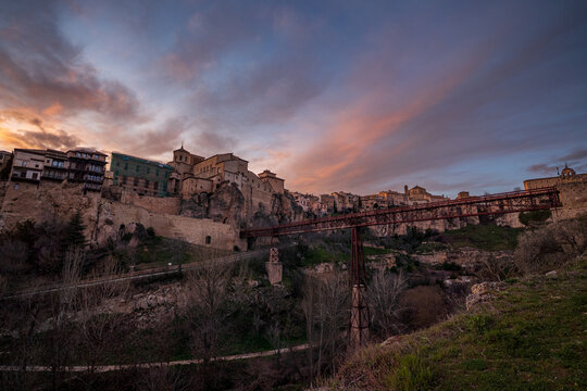 Sunset over San Pablo Bridge and the Hanging Houses of Cuenca, Spain