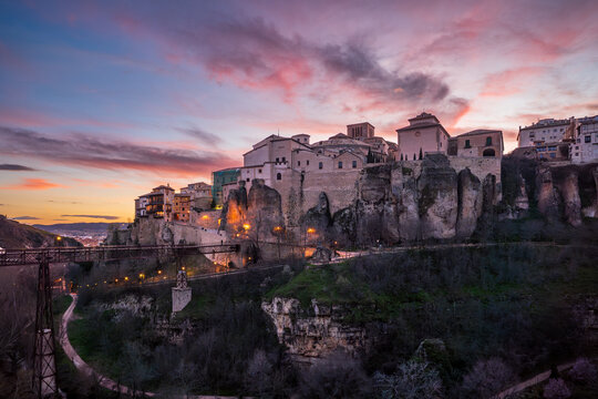Panoramic Sunset View of Cuenca with Hanging Houses and San Pablo Bridge