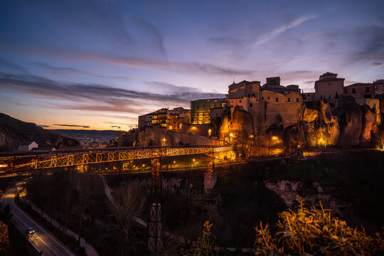 Night View of San Pablo Bridge and Hanging Houses in Cuenca, Spain