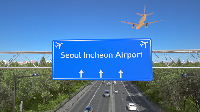 Blue motorway sign for Seoul Incheon Airport with an airliner flying above along the road toward the airport. 3D rendering