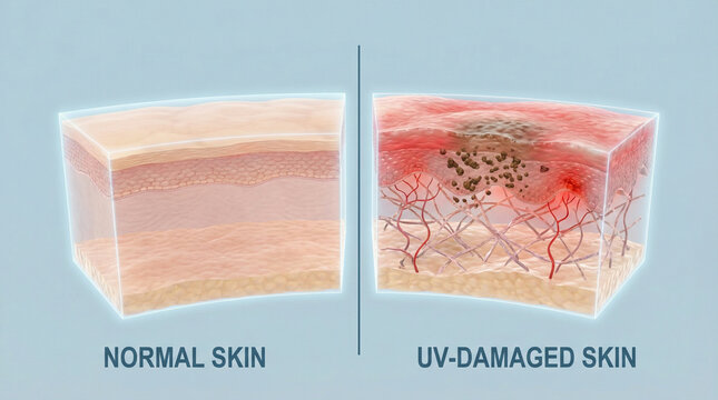 UV Sun Damage vs Normal Skin Anatomy Cross Section