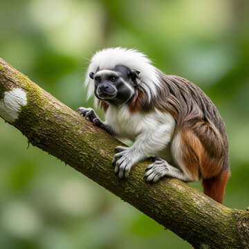 Cottontop tamarin monkey perched on a tree branch looking alert and focused.