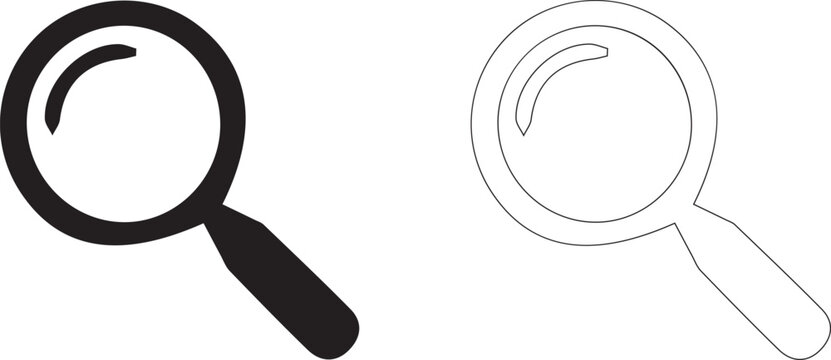 Magnifying Glass Icon Set - Search Tool, Investigation Symbol and Exploration Concept in Black and White Line Art