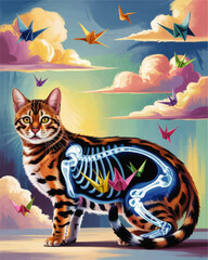 Fototapeta premium Surreal Bengal Cat with Visible Skeleton and Origami Cranes in Dreamy Pastel Sky, Whimsical Anatomical Illustration