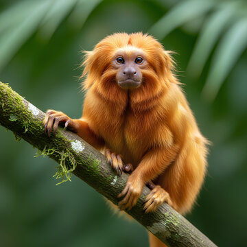 Golden Lion Tamarin Perched on a Branch Focused and Alert.
