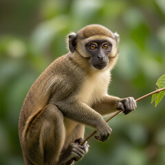Fototapeta premium Green monkey perched on a branch looking directly at the camera with curiosity.