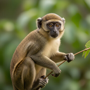 Green monkey perched on a branch looking directly at the camera with curiosity.