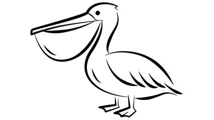 Fototapeta premium Minimalist black line vector icon illustration of a pelican bird with a large beak pouch, hand-drawn outline style on a white background, perfect for nature, wildlife, and coastal design projects.